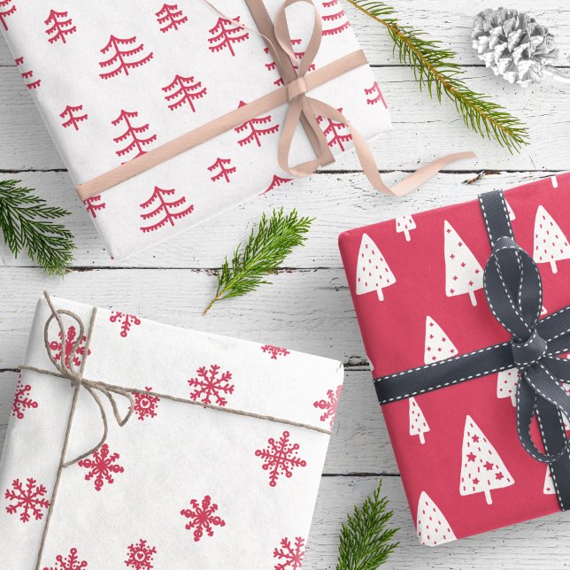 Modern Red & White Christmas Trees Snowflakes Wrapping Paper Sheet (Creator Uploaded)