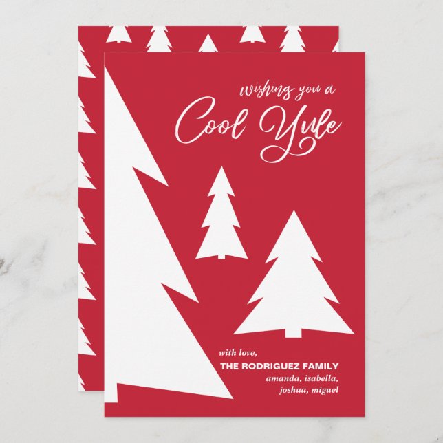Modern Red White Cool Yule Script Geometric Trees Holiday Card (Front/Back)