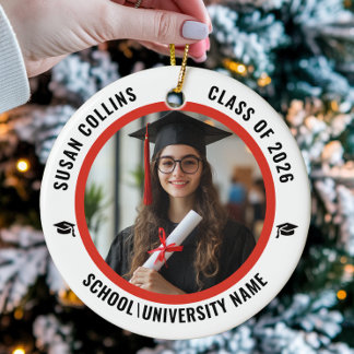 Modern Red & White Custom Photo Graduation Ceramic Tree Decoration