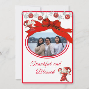 Modern Red White Cute Elf Photo Merry Christmas Holiday Card