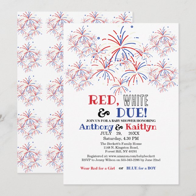 Modern Red White & Due 4th July Baby Shower Invitation (Front/Back)