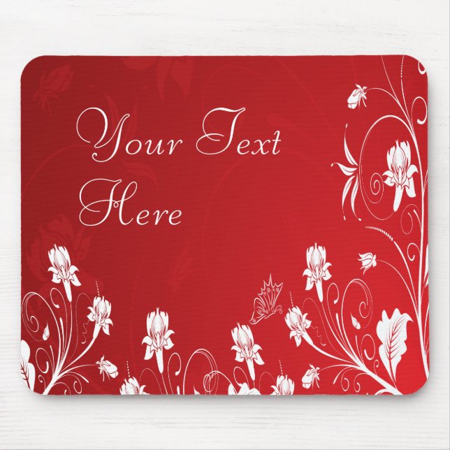 Modern Red & White Floral Mouse Mat (Front)