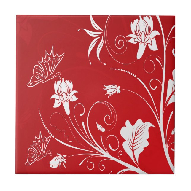 Modern Red & White Floral Tile (Front)