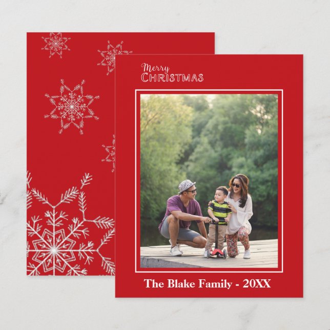 Modern Red White Frame Family Photo Christmas Card (Front/Back)