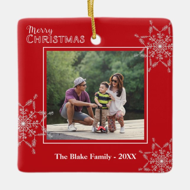 Modern Red White Frame Family Photo Christmas Ceramic Ornament (Front)