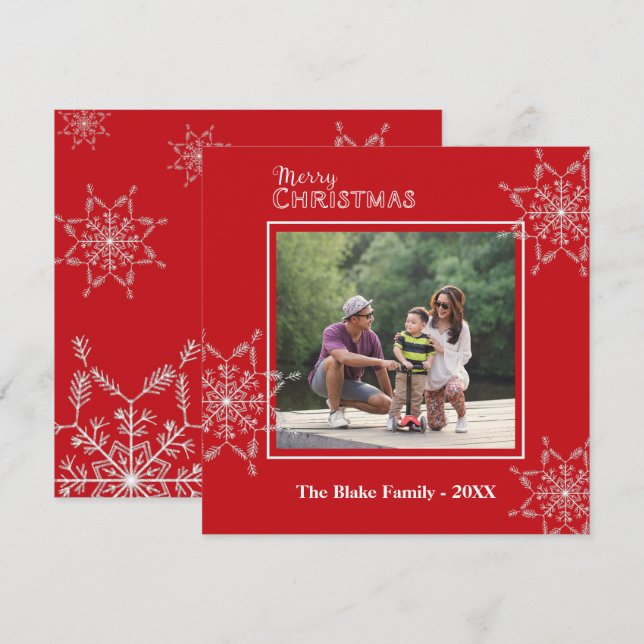 Modern Red White Frame Family Photo Christmas Holiday Card (Front/Back)