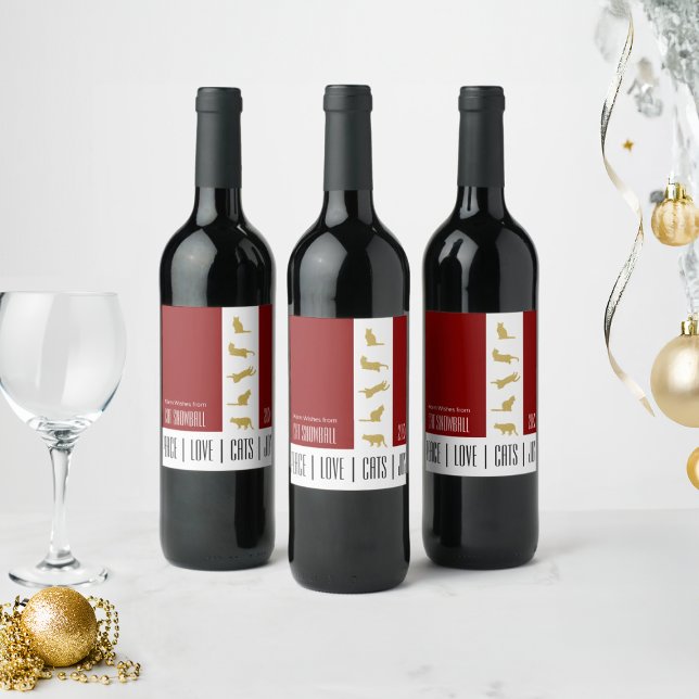 Modern Red White Gold Cat Christmas Wine Label (Creator Uploaded)