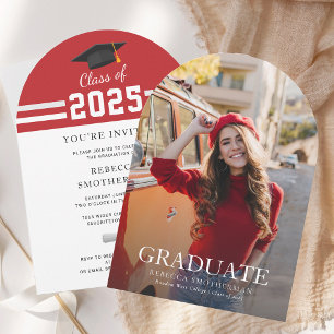 Modern Red White Grad Photo Graduation 2025 Party Invitation