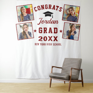 Modern Red White Graduation 4 Photo Booth Backdrop Tapestry