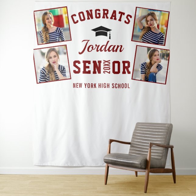 Modern Red White Graduation 4 Photo Booth Backdrop Tapestry (In Situ)