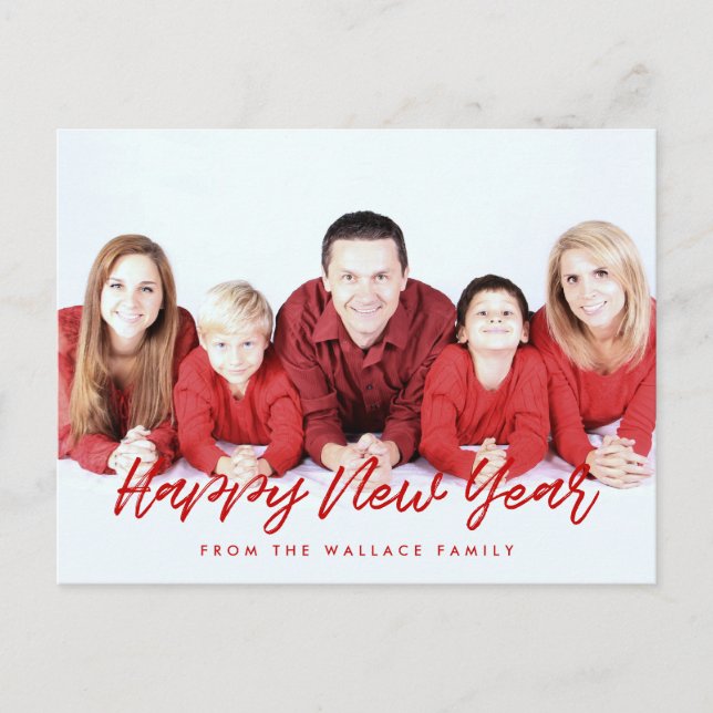 Modern red & white Happy New Year family photo Postcard (Front)