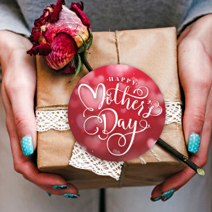 Modern Red White Hearts Happy Mother`s Day Classic Round Sticker