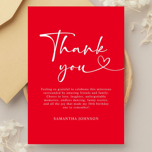 Modern Red White Hello 30th Birthday Thank You Card (Creator Uploaded)
