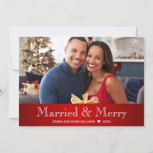 Modern Red White Married and Merry Photo Holiday Card (Front)