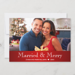 Modern Red White Married and Merry Photo Holiday Card