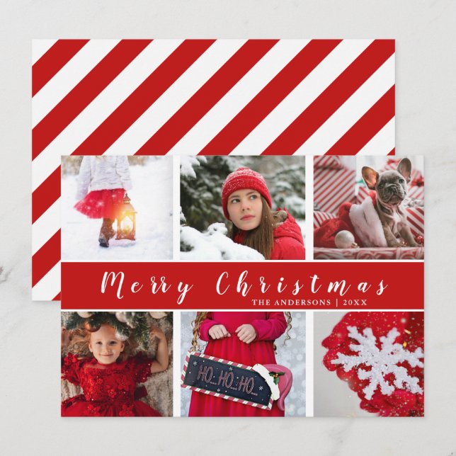 Modern Red & White Merry Christmas Photo Collage Holiday Card (Front/Back)