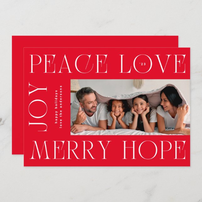 Modern Red White MERRY JOY PEACE LOVE photo Holiday Card (Front/Back)