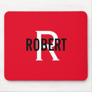 Modern red white monogram men name mouse pad