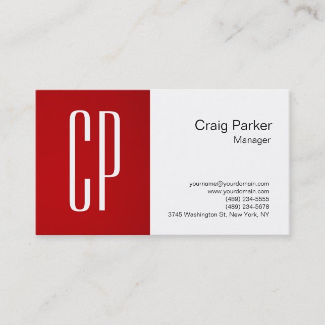Modern Red White Monogram Professional Business Card (Front)
