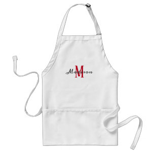 Modern Red White Monogram Script Name Womens Standard Apron