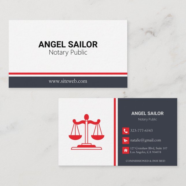 Modern Red & white  Notary Public Services Busines Calling Card (Front/Back)