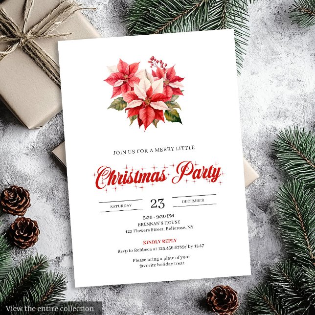 Modern Red White Poinsettia Bouquet Christmas  Invitation (Modern Red White Poinsettia Bouquet Christmas Invitation)