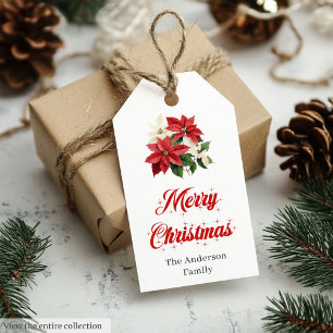 Modern Red White Poinsettia Bouquet Holiday Tags