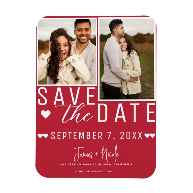 Modern Red & White Save the Date 2 Photo Wedding Magnet (Vertical)