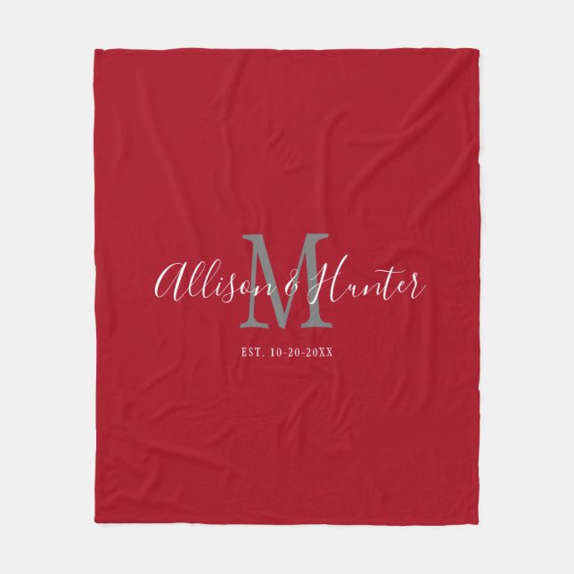 Modern Red White Script Couples Monogrammed Name Fleece Blanket (Front)