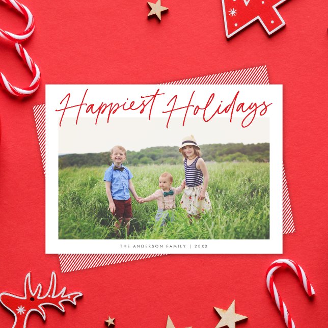 Modern Red & White Script Happiest Holidays Photo Holiday Card (Creator Uploaded)