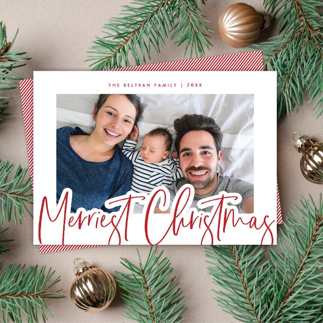 Modern Red & White Script Merriest Christmas Photo Holiday Card (Creator Uploaded)