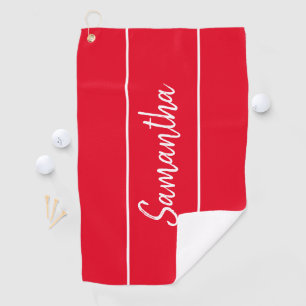 Modern Red White Script Monogram Womens Golf Towel