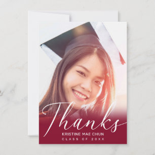 Modern Red White Script Photo Graduation Thank You Card