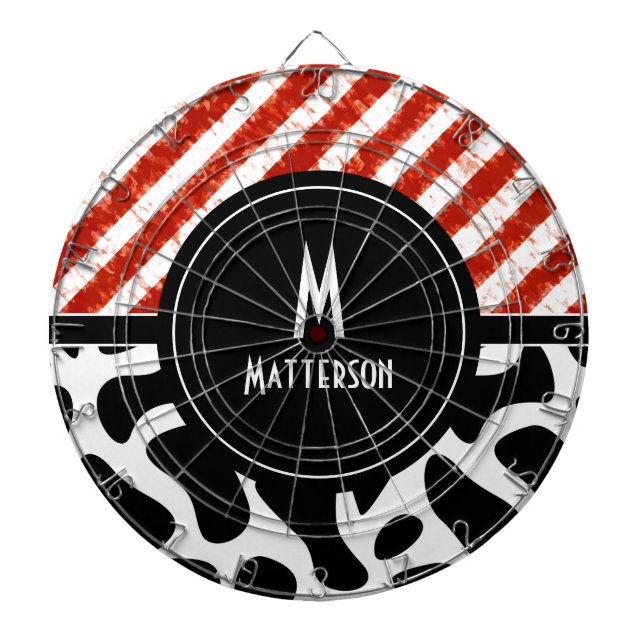 Modern Red White Stripe Black Pattern Monogram  Dartboard (Front)
