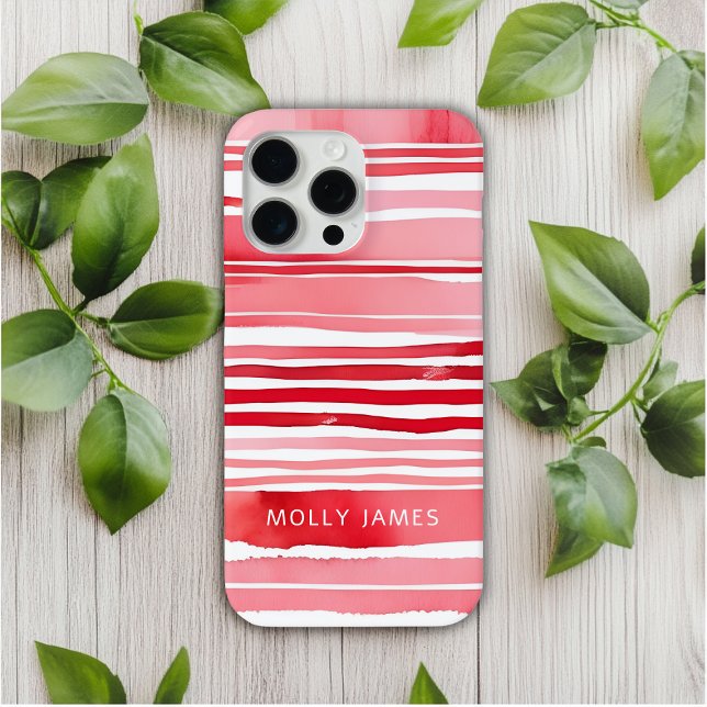 Modern Red White Stripes Personalised Name Case-Mate iPhone Case (Creator Uploaded)