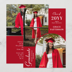 Modern Red White Three Photo Graduation Invitation