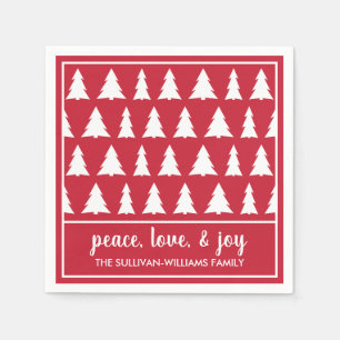 Modern Red White Tree Pattern Name Holiday Party Napkin