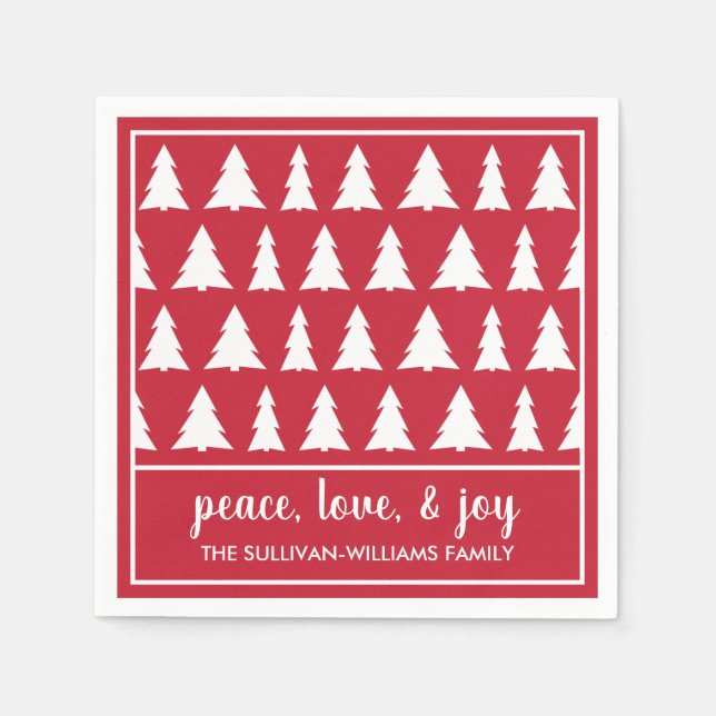 Modern Red White Tree Pattern Name Holiday Party Napkin (Front)