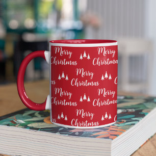 Modern Red White Trees Merry Christmas Mug
