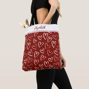 Modern Red White Valentine Hearts Monogram  Tote Bag