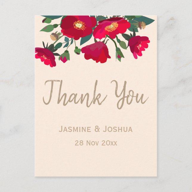 Modern red wild rose  thank you postcard (Front)
