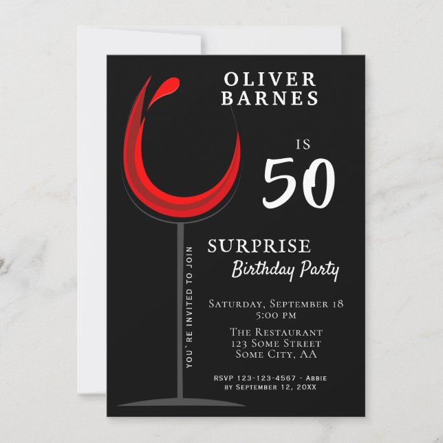 Modern Red Wine 50th Birthday Surprise Party Invitation (Front)