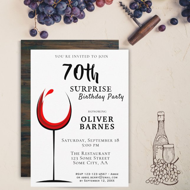 Modern Red Wine 70th Birthday Surprise Party Invitation (Creator Uploaded)