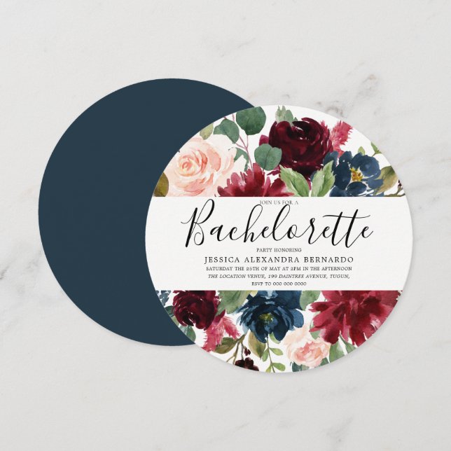 Modern Red Wine Flowers Bachelorette Party Invitation (Front/Back)