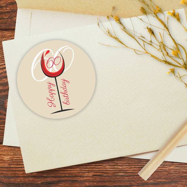 Modern Red Wine Glass 60th Birthday  Classic Round Sticker (Creator Uploaded)