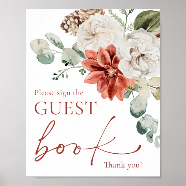 Modern Red Winter Christmas Guest Book Sign (Front)