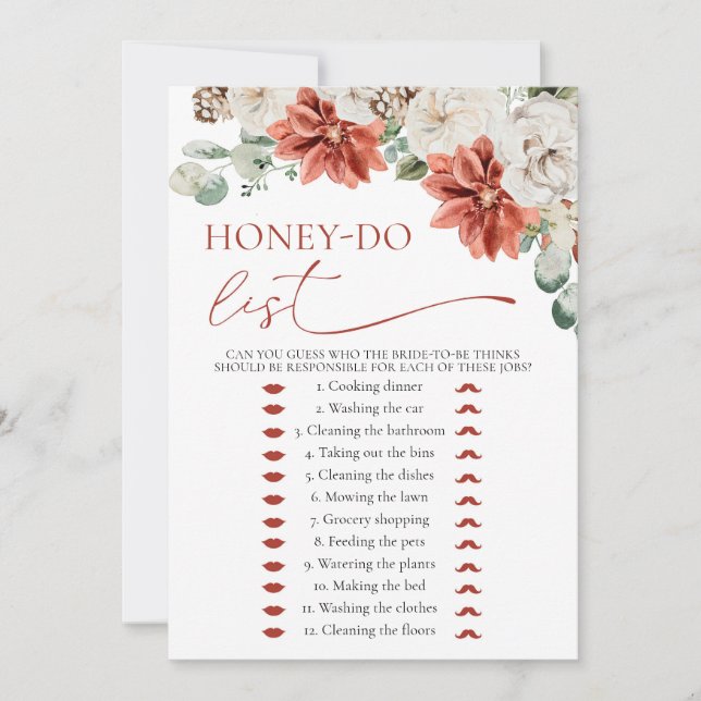 Modern Red Winter Honey Do List Bridal Shower Game Invitation (Front)