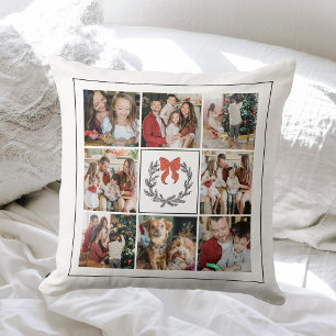 Modern Red Wreath 9 Family Photo Collage Christmas Cushion