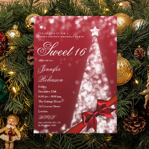 Modern Red Xmas Tree Bow Sweet 16 Birthday Party Invitation