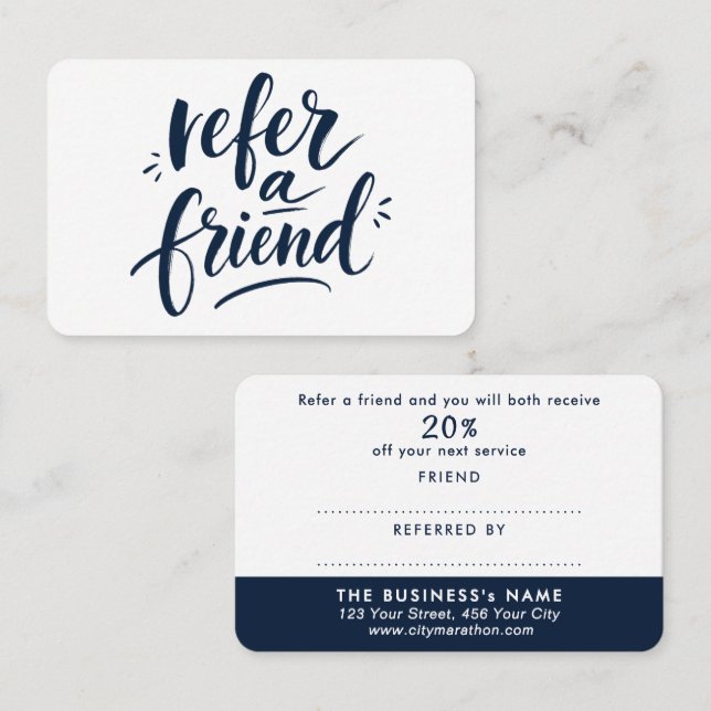 Modern Referral Navy Blue White Discount Script Card (Front/Back)
